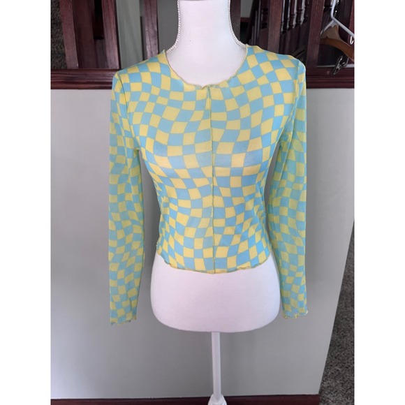 Forever 21 Tops - Forever 21 Women Yellow Blue Warped Checkerboard Mesh Long Sleeve Top Small